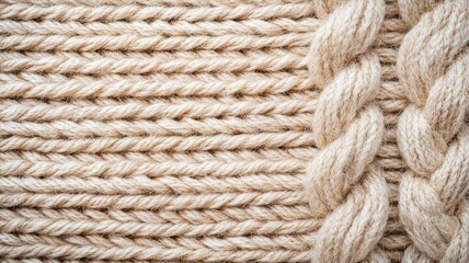 Close-up of beige braided and straight natural fiber ropes, showcasing texture and pattern, ideal for design backgrounds.