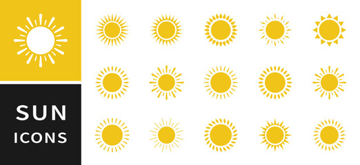 Sun icon yellow set isolated on white background. Sun icons collection. Yellow sun icons. Trendy vector summer icon for website design, mobile app. Vector illustration
