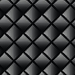 Bw abstract geometric seamless pattern. Black and white ornament of hatched diamonds with shadows