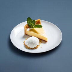 Lemon Tart with Whipped Cream and Mint on White Plate Against Blue Background
