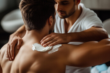 Fototapeta premium Man massaging another man.