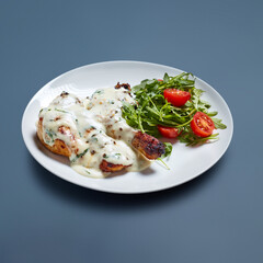 Grilled Chicken with Creamy White Sauce and Salad on White Plate Against Blue Background