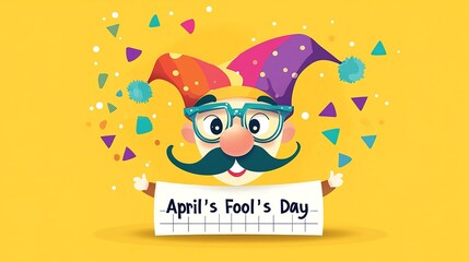 Fototapeta premium An April's Fool's Day illustration with a jester in a colorful hat, blue - framed glasses, mustache, pink nose, holding a white 