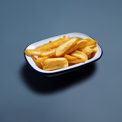 Thick-Cut French Fries in White Dish Against Blue Background
