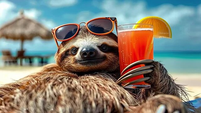 sloth with a cocktail on the background of the sea beach