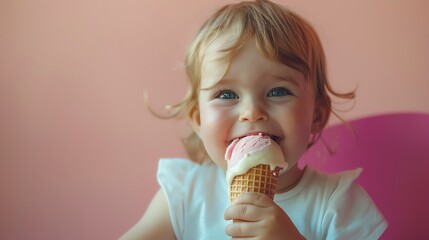 Little girl with blue eyes eating ice cream and smiling.