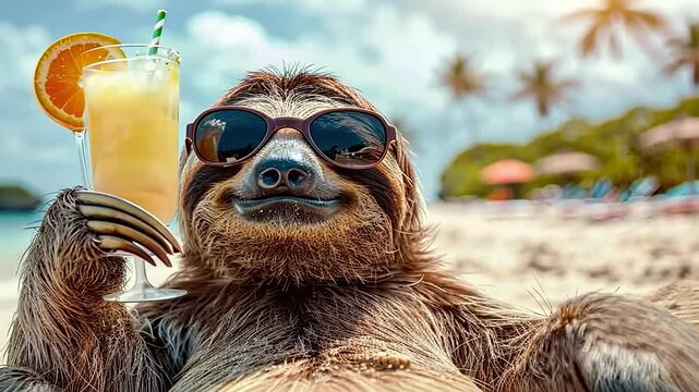 sloth with a cocktail on the background of the sea beach