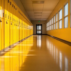 Yellow School Hallway with Lockers and Windows