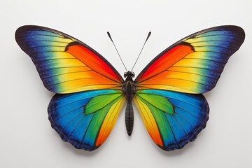 a close up of a colorful butterfly on a white surface
