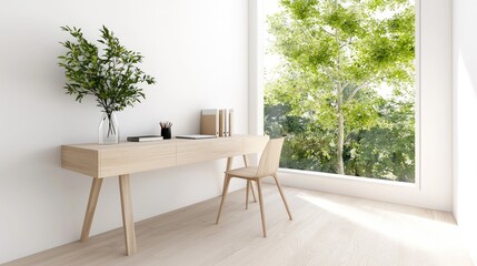 Minimalist home office near window, tree view