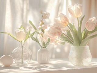 spring light images with delicate spring flowers tulips and light fabric. Easter spring background in pale pastel colors.