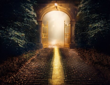 A narrow path leading to a glowing, golden gate, surrounded by darkness, symbolizing holiness and divine presence.