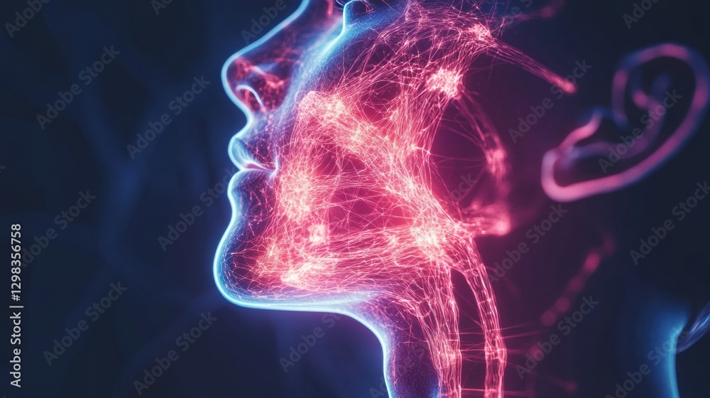 Poster Digital representation of facial features illuminated by neon colors showing interconnected neural pathways and emotions. Generative AI