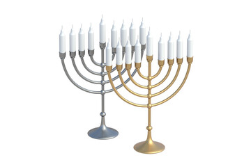Two menorahs for Hanukkah with candles isolated on white background. 3d render
