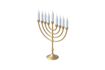 Single menorah for Hanukkah with candles isolated on white background. 3d render