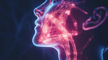 Digital representation of facial features illuminated by neon colors showing interconnected neural pathways and emotions. Generative AI