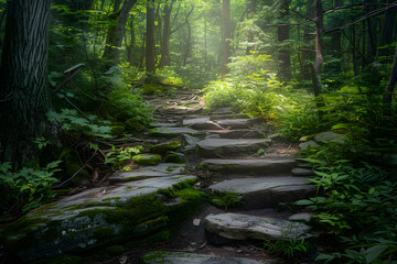 Obraz premium Serene Forest Pathway: A Tranquil Stone Path through Lush Greenery and Dappled Sunlight