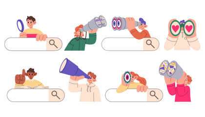 Search job. Person with magnifier. Character look binocular. In internet find. Information bar keyword. Find query website data. Cartoon flat style isolated illustration. Vector SEO analysis app