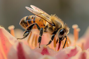 Fototapeta premium A stunning macro shot of a bee perched delicately on a vibrant flower, collecting pollen
