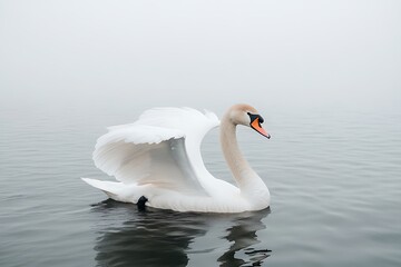 Fototapeta premium Mute swan gliding foggy lake
