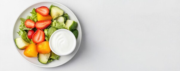 Freshly prepared salad on a white plate with colorful vegetables and fruits alongside a yogurt cup showcasing a healthy and nutritious meal or snack option on a minimalistic white background