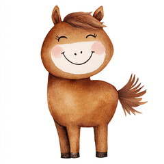 Laughing Brown Horse in Minimalist Style - Isolated Watercolor Artwork Perfect for Home Decor Children's Rooms or Animal Lovers' Collections Featuring Joyful Equine Expression