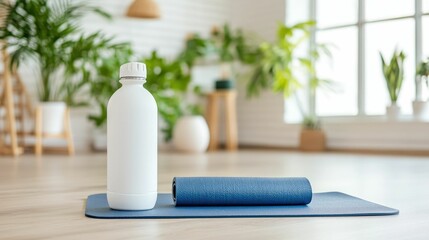 Yoga Mat and Water Bottle Placed in Calm Soothing Gym Corner Prepared for Peaceful Workout Routine and Mindful Exercise Session