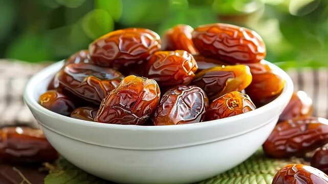 dates in a white bowl on a wooden table