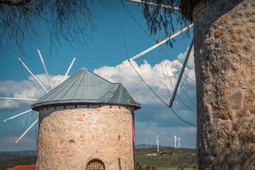 Historic Windmills of Alacati, Izmir, Turkey. Scenic Landmark