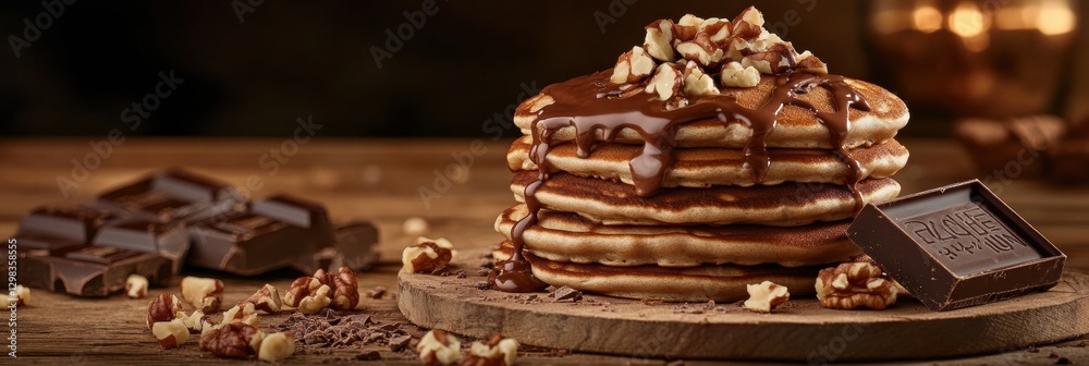 Aufkleber delicious stack of pancakes topped with chocolate and walnuts on a rustic wooden table at a cozy caf