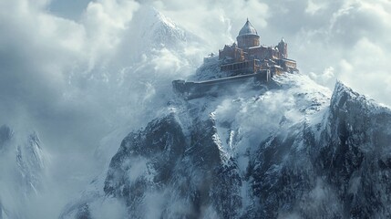 Fototapeta premium An isolated monastery atop a snowy mountain peak, being battered by an intense snowstorm, realistic, very detailed