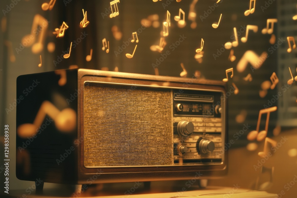 Poster vintage radio playing melodies surrounded by floating music notes in a cozy room setting. generative