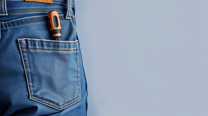 International Labor day concept, Jeans pocket, handy tools on gray background.