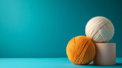 Two wool yarn balls in pastel hues rest on cylinder against teal background