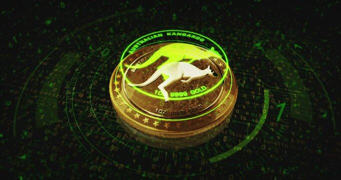 Kangaroo Australia bullion golden coin turning. camera rotates around the 3D metal glow coins. Fintech, online payment and digital transaction abstract concept.