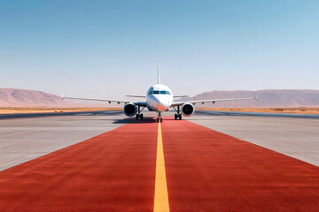 Fototapeta premium A white airplane is parked on the airport runway with a red carpet leading up to it against a desert backdrop