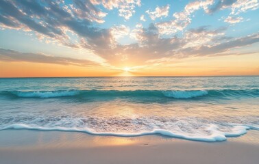 Fototapeta premium transparent clear waves breaking on white and clean sea beach in the evening sunset. 
