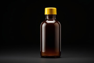 arafed brown glass bottle with yellow cap on a black background