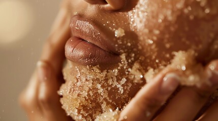 Close-up of a woman's face with a brown sugar scrub.