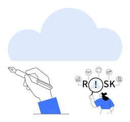Hand holding a pen, magnifying glass highlighting risk among icons, cloud for data storage. Ideal for creativity, business analysis, cloud technology, risk management, innovation, problem-solving