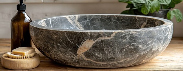 Fototapeta premium Elegant Grey Marble Wash Basin for Bathroom - Handmade Stone Sink