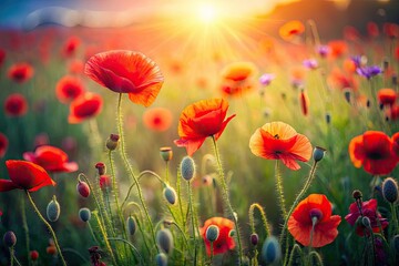 Fototapeta premium Vibrant poppies bloom in a sun-drenched meadow, captured in a long exposure.