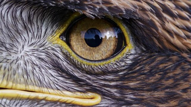Observe the stunning close-up of a hawk's eye, revealing intricate textures and rich colors that highlight the beauty of wildlife. This captivating view enriches understanding of nature's artistry.