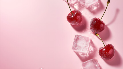 Pretty cherry frozen in round ice cubes with soft pink background.
