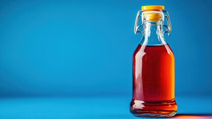 Glass Bottle of Cough Syrup on Solid Blue Background with Light Reflection