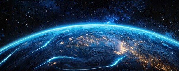 Obraz premium Science meteorology analysis concept. Vibrant view of Earth illuminated by city lights from space.