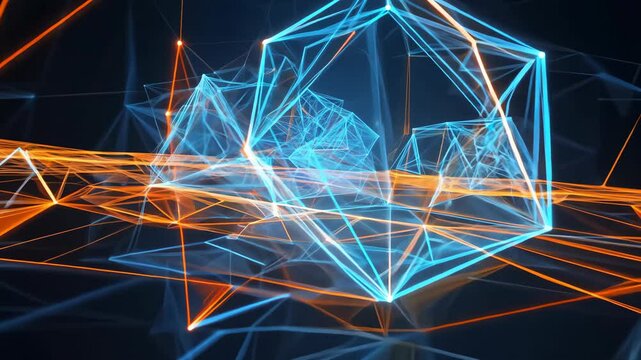 Glowing blue neural network with interconnected nodes and lines forming an abstract artificial intelligence system, representing big data analysis and machine learning, concept of cybersecurity, finte