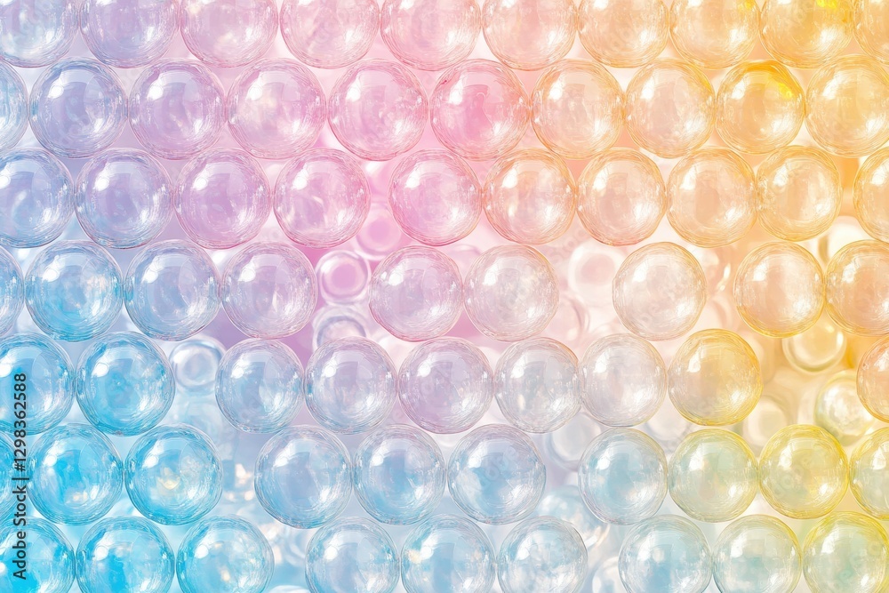 Poster Colorful soap bubbles create a vibrant pattern on a soft pastel background in a joyful display of light and reflection. Generative AI