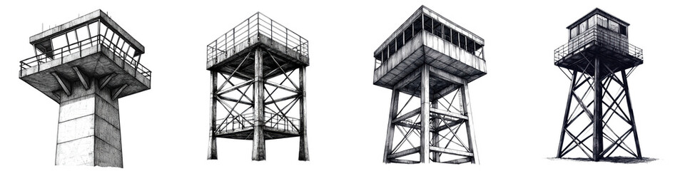 Towering metal surveillance structures stand tall in an industrial and urban landscape serving as sentinels for monitoring security and defense purposes