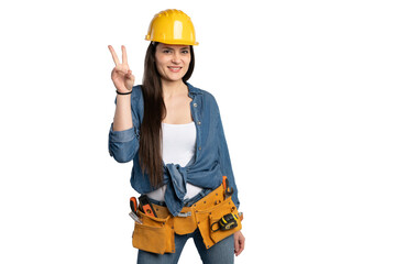 Confident Female Construction Worker Showing Peace Sign
